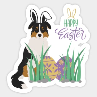 Tricolor Australian Shepherd Dog with Bunny Ears and Happy Easter with Egg Sticker